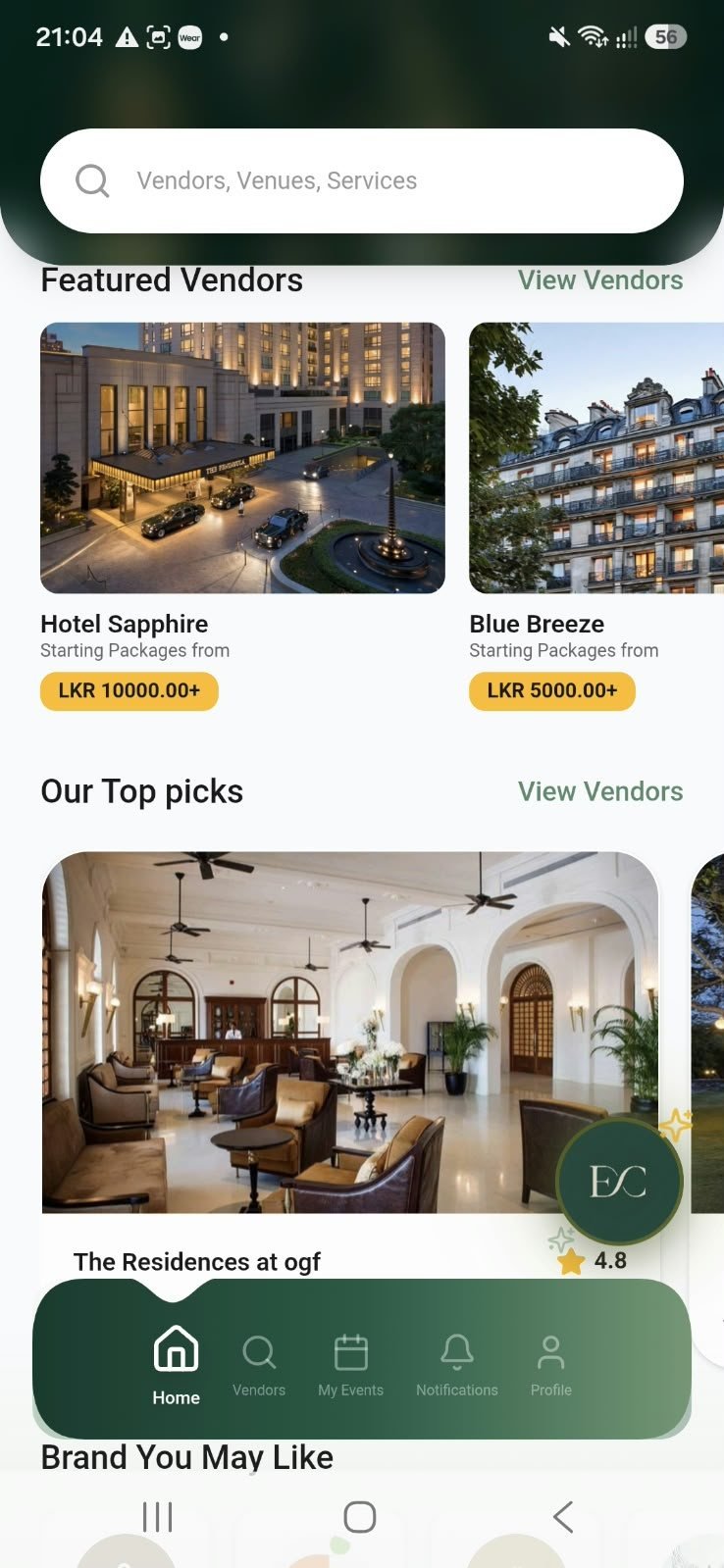 EVENTCORE featured vendors screen