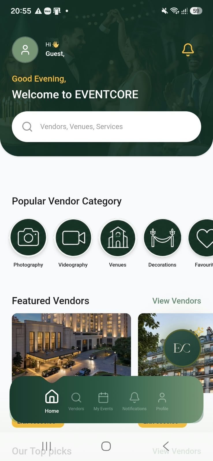 EVENTCORE app home screen